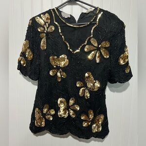 Vintage Stenay 100% Silk Beaded Black and Gold Sequin Top| Size Small